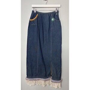 Double D Ranch DDR Western Denim Maxi Skirt SMALL Rodeo Party Embellished Boho